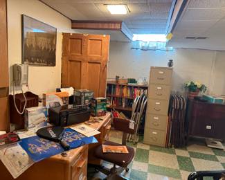 Filing Cabinet, Sports Memorabilia, Hp Printer, Battery Operated Fan, Goldpack Cooler, Visitor Chime and Watch Dog Alarm with Remote, MCM Hon Steel Office Chair