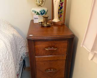 Wood Nightstand, Hurricane Table Lamp
