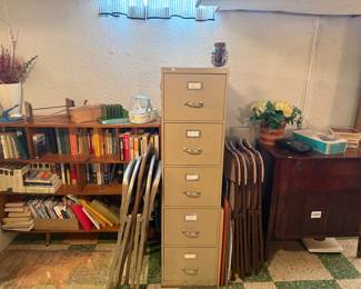 Filing Cabinet, Folding Chairs, Bookshelf, Books
