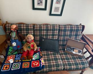 Cushioned Wood Bench, Vt Emmett Kelly's "Willie the Clown", Handmade Crocheted Blanket, Vtg Rushton Rubber Face Hobo Doll, Carson Sonnet Mother Chimes