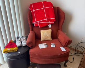 Red Crochet Blanket, Shoes, 49ers Beanie, Ottoman