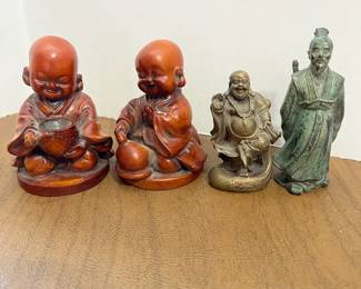 Carved Child Monks And Bronze Figurines