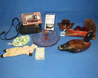 Lot 345. Misc. household items including a Samsung Bluetooth headset, clock radio, pink serving tray, and much more