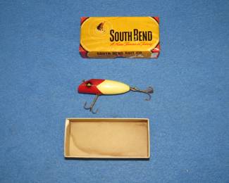 Lot 272. South Bend wooden 3" Babe-Oreno in excellent condition with tack eyes in the box in VGC.
