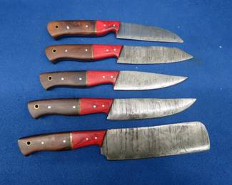 Lot 222. Five new Damascus kitchen knives with no markings