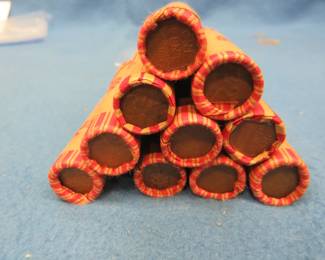 Lot 334. Ten rolls of Wheat Pennies, rolled by the consignor with unknown dates.