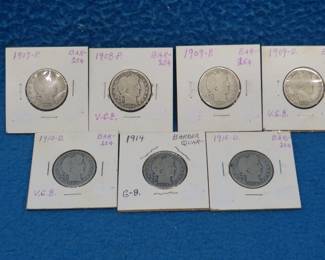 Lot 59. Seven different Barber Head quarters: 1907 P. 1908 P. 1909 P. 1909 D. 1910 D. 1914 P. 1915 D