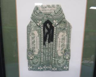 Lot 78. Framed dress shirt made from folded $1.00 bills. Very unique.