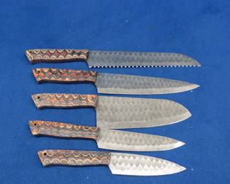 Lot 224. Five new Damascus kitchen knives with no markings