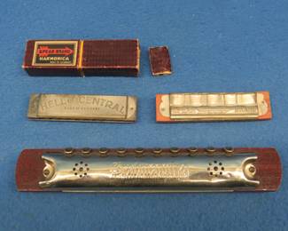 Lot 265. Spear diatonic Hello Central harmonica. Box in VGC. Poor sound. Spear diatonic harmonica. Not all holes sound. Brahmaputra 9" harmonica. No sound.