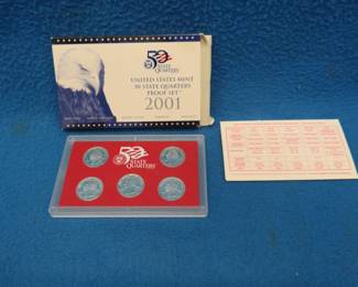 Lot 339. 2001 silver quarter proof set. Five 90% silver quarters.