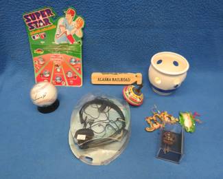 Lot 79. Misc. collectibles including baseball marbles, Ken Griffey Jr. baseball, wooden train whistle, and more