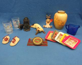 Lot 161. Misc. collectibles including baby shoes, fancy vase, animal figurines, and more