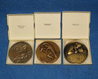 Lot 53. Three "Society of Medalists" bronze medallions. Series #26, #84, and #98. Includes 3 holders.