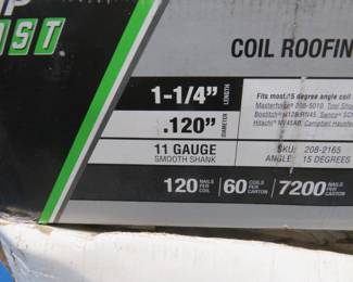 Lot 398. Two boxes of coiled roofing nails. 1 1/4" is 3/4ths full and 1 3/4" is 2/3rds full.