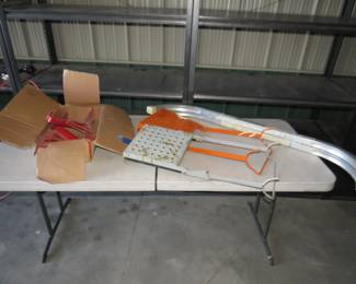 Lot 399. Ladder and roof accessories including 5 roof brackets, two ladder stabilizers, and two ladder work platforms