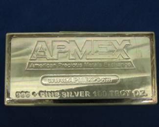 Lot 9. 100-ounce bar of .999 Fine Silver from APMEX, measures 6" x 3" x 1". Buyer's premium is only 5%. No sales tax. Cash payment is required.