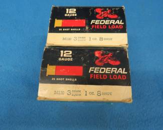 Lot 372. Vintage Federal 12-gauge boxes with mixed 8 and 9 shot shells. 50 total rounds. Boxes are in good condition.