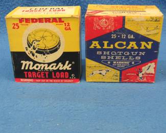 Lot 373. Vintage Federal Monark and Alcan 12-gauge boxes with mixed 8 and 9 shot shells. 50 total rounds. Boxes are in good condition.