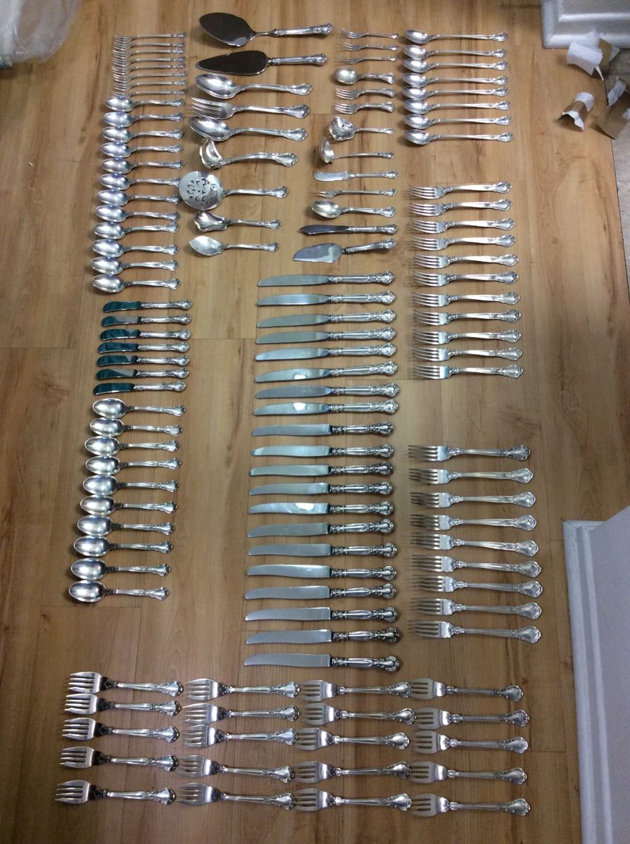 19c high quality top brand is Sterling service flatburn mint condition we have three set available one should have 46 serving pieces over 124 pieces