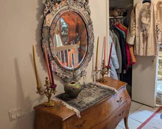 Entryway Venetian Mirror and Chest, Gilt Candlesticks 