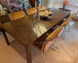 Edward Wormley for Dunbar Dining Table, 6 Charles Eisen Chrome Chairs 