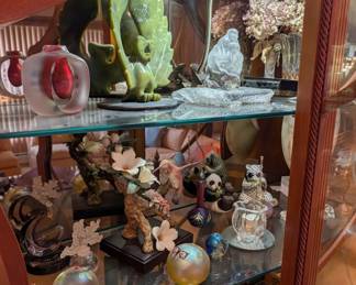 Cabinet Interior, Soapstone Inuit Carvings, Orient and Flume Glass etc 