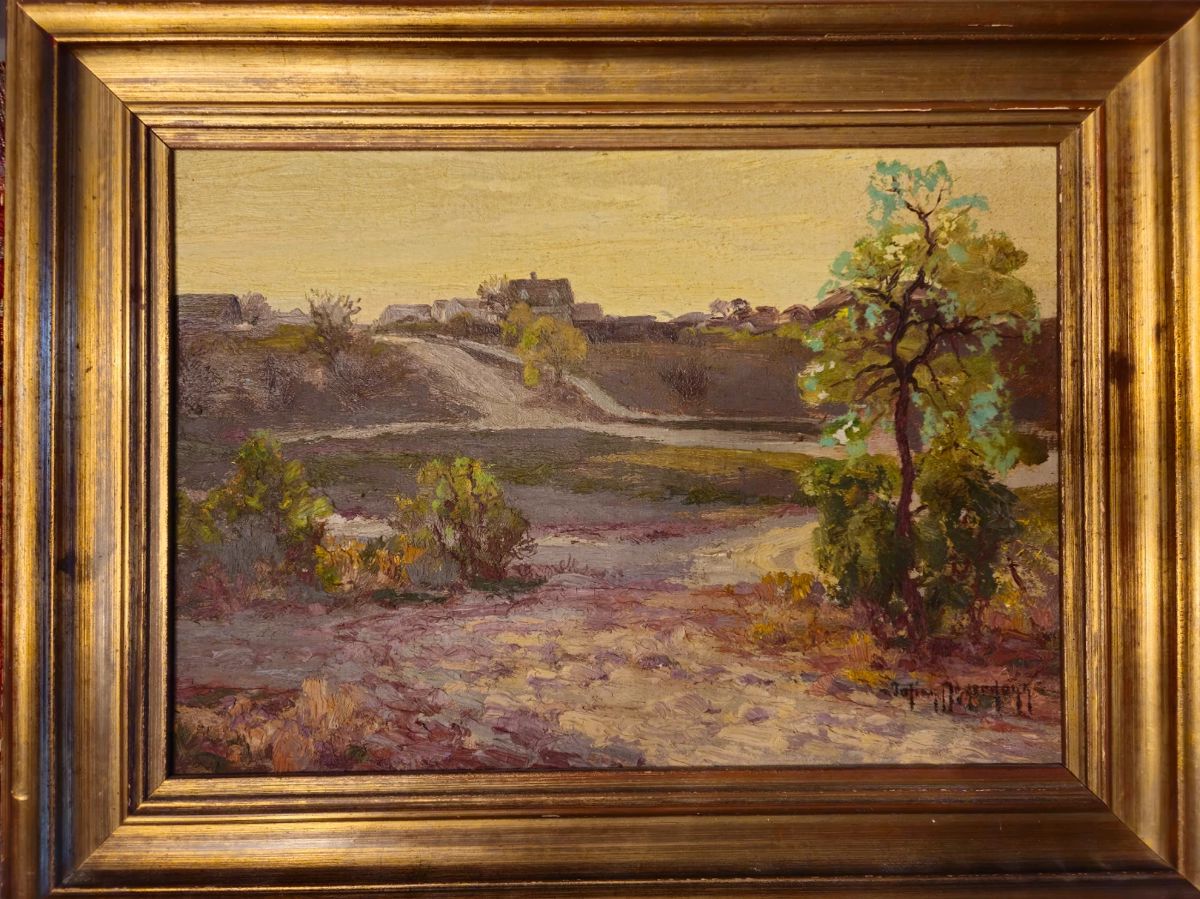 "View Up Huisache"  by Julian Onderdonk, 1917-1918. 12" x 13" with 3.75" original gold gilt wood frame. No. 935 in Catalog Ressione