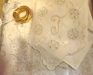 Monogramed vintage hankies, new in box. A gold tone scarf pin