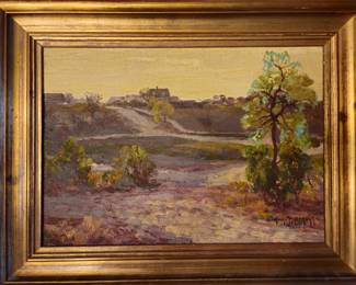 "View Up Huisache" by Julian Onderdonk, 1917-1918. 12" x 13" with 3.75" original gold gilt wood frame. No. 935 in Catalog Ressione