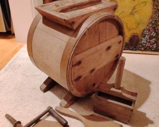 ANTIQUE WOOD BUTTER CHURN WITH PADDLES AND BUTTER PRESS