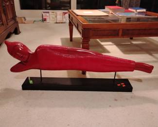 WOOD RECLINING BUDDHA FIGURE.  SOME PAINT FLAWS