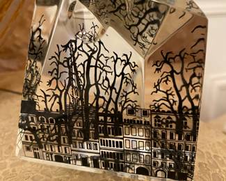 BACCARAT, Rare 9 Sided Paperweight of Paris Cityscape Moon & Sun