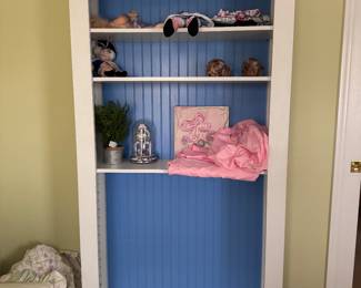 White Bookcase with Blue Beadboard Back & White Shutter Side Panels