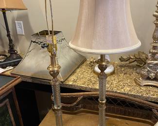 Pair of CURREY and COMPANY, Crystal Candlestick Lamps with Brass Base & Trim