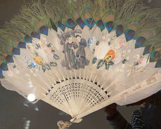 Vintage Japanese Fan with Peacock Feathers, framed.
