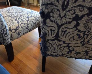 #14	Pair of Blue & White Covered Parsons Chairs w/Black Legs (as is cat scratches on side) 	 $40.00 
