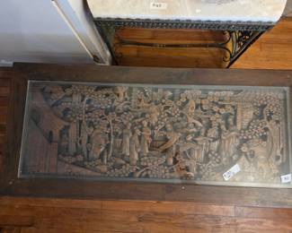 #11	Carved Asian Village under glass Coffee Table (not real wood and needs tightening) - 44x19.5x19	 $125.00 
