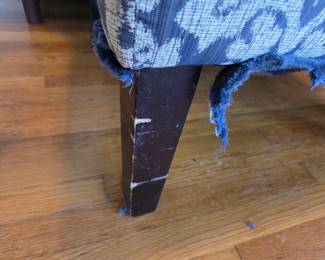 #14	Pair of Blue & White Covered Parsons Chairs w/Black Legs (as is cat scratches on side) 	 $40.00 
