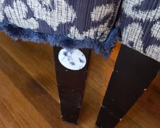 #14	Pair of Blue & White Covered Parsons Chairs w/Black Legs (as is cat scratches on side) 	 $40.00 