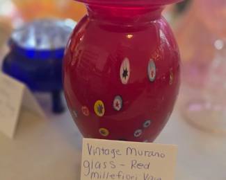 #118	Vintage Murano glass - red millefiori vase 7"	 $40.00 

