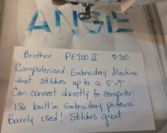 #6	Brother PE700II 5x7 Embroidery Machine Can Connect directly to computer - 136 Built in Designs - Barely Used - Stitches Great	 $300.00 
