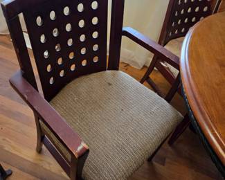 #1	Wood Round Dining Pedestal Table w/2 leaves stored inside 4  chairs (2 captains Chairs/ 1 needs to be recovered ) - 48-66x48x38	 $175.00 