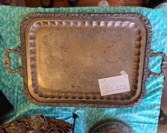 #42	Large Antique silver plated serving tray 20"	 $20.00 
