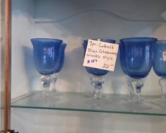 #127	7 pc. Cobalt blue glassware crackle style	 $28.00 
