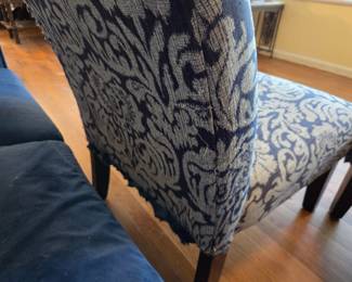 #14	Pair of Blue & White Covered Parsons Chairs w/Black Legs (as is cat scratches on side) 	 $40.00 