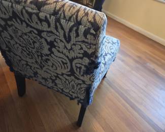 #14	Pair of Blue & White Covered Parsons Chairs w/Black Legs (as is cat scratches on side) 	 $40.00 
