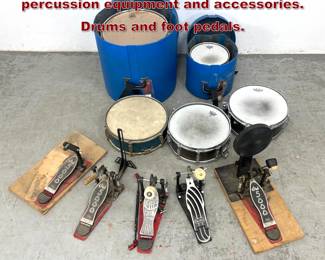 Lot 385 Assortment of professional percussion equipment and accessories. Drums and foot pedals. 