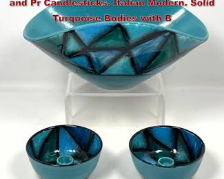 Lot 16 3pc Bitossi style MCM Center Bowl and Pr Candlesticks. Italian Modern. Solid Turquoise Bodies with B