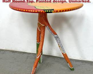 Lot 491 Lee Milefsky folk art console table Half Round Top. Painted design. Unmarked.